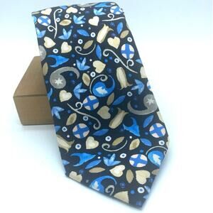 Christian Lacroix 100% silk Tie  Navy Blue Tan, light blue flowers abstract lady